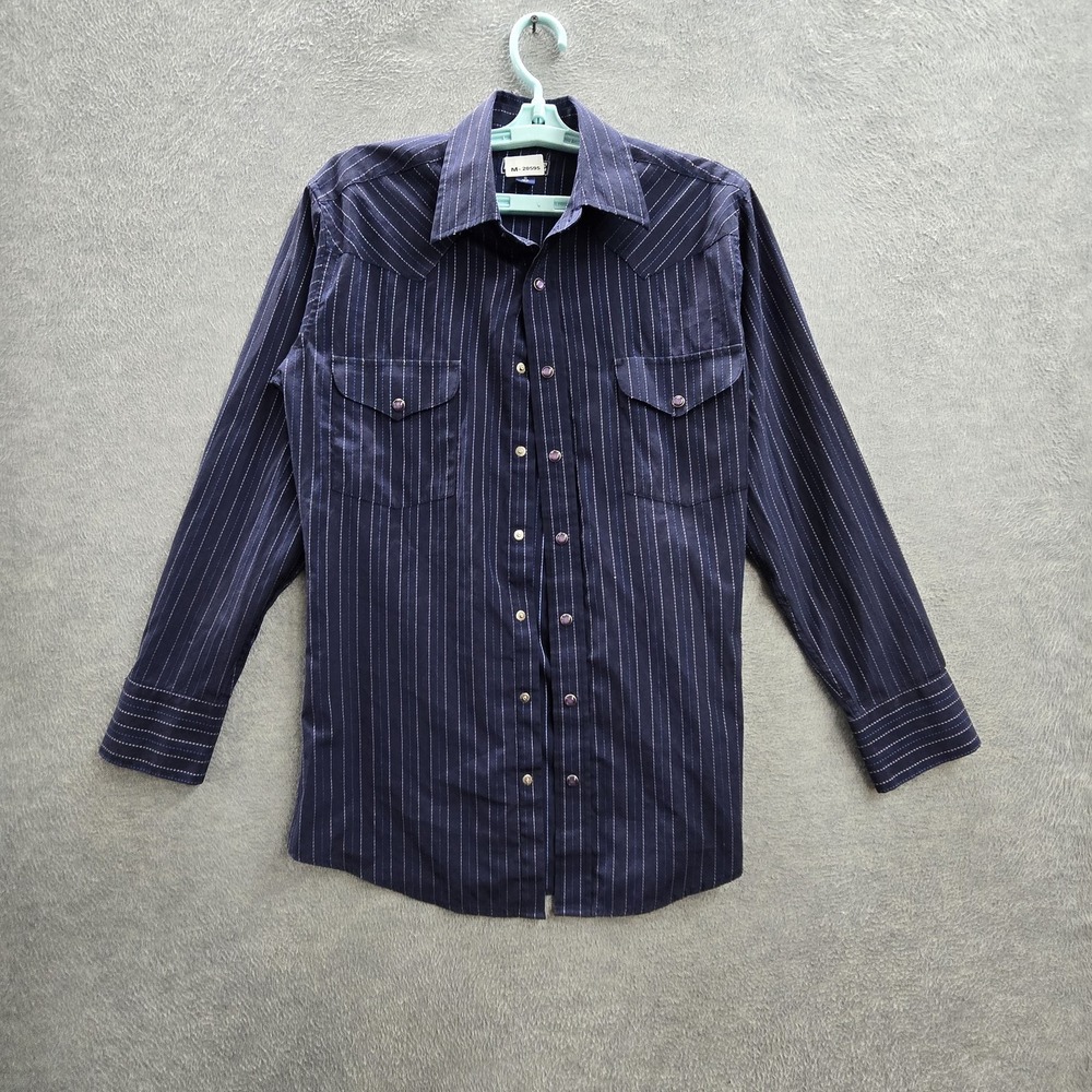 Panhandle Men Button Up Shirt S 14 1/2 33 Navy Striped 305701 Western Pearl Y2K